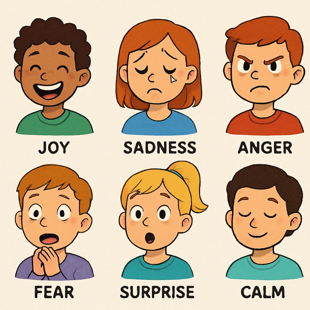 Colorful educational illustration showing six cartoon faces expressing different emotions (joy, sadness, anger, fear, surprise, calm) with clear labels underneath each expression. Teaching emotion control through visual aids