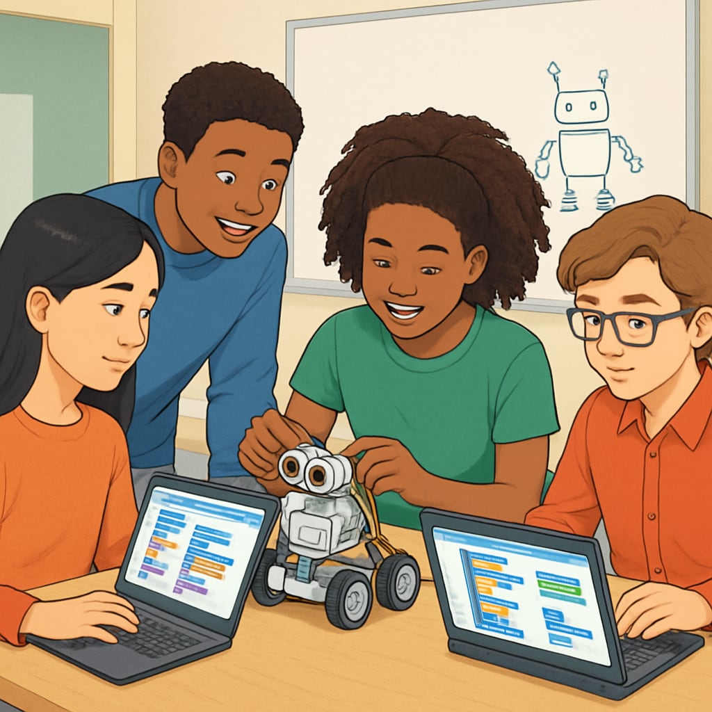 Students developing AI-related skills in modern classroom