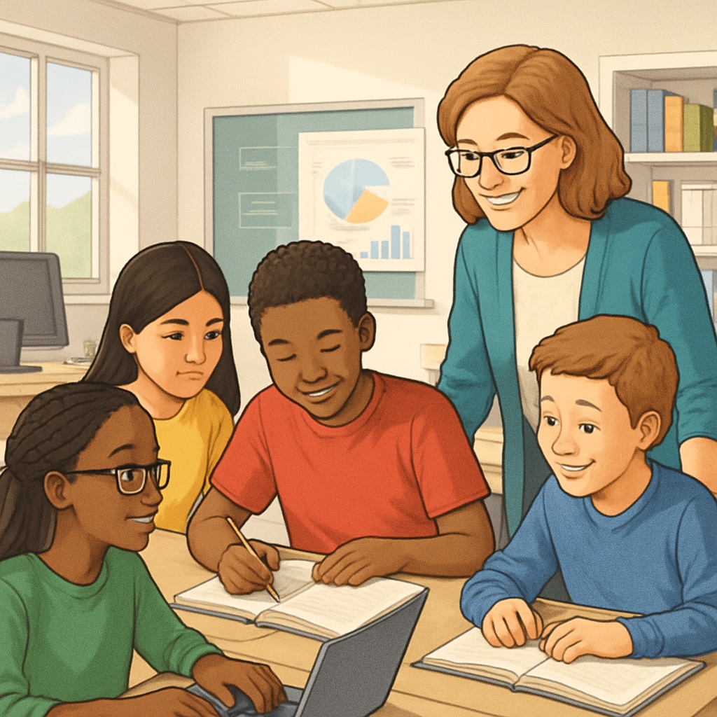 Diverse group of middle school students collaborating with their teacher in a bright, well-equipped classroom. The image shows engaged learning with modern educational technology visible in the background. Institutional traits supporting student completion rates in action