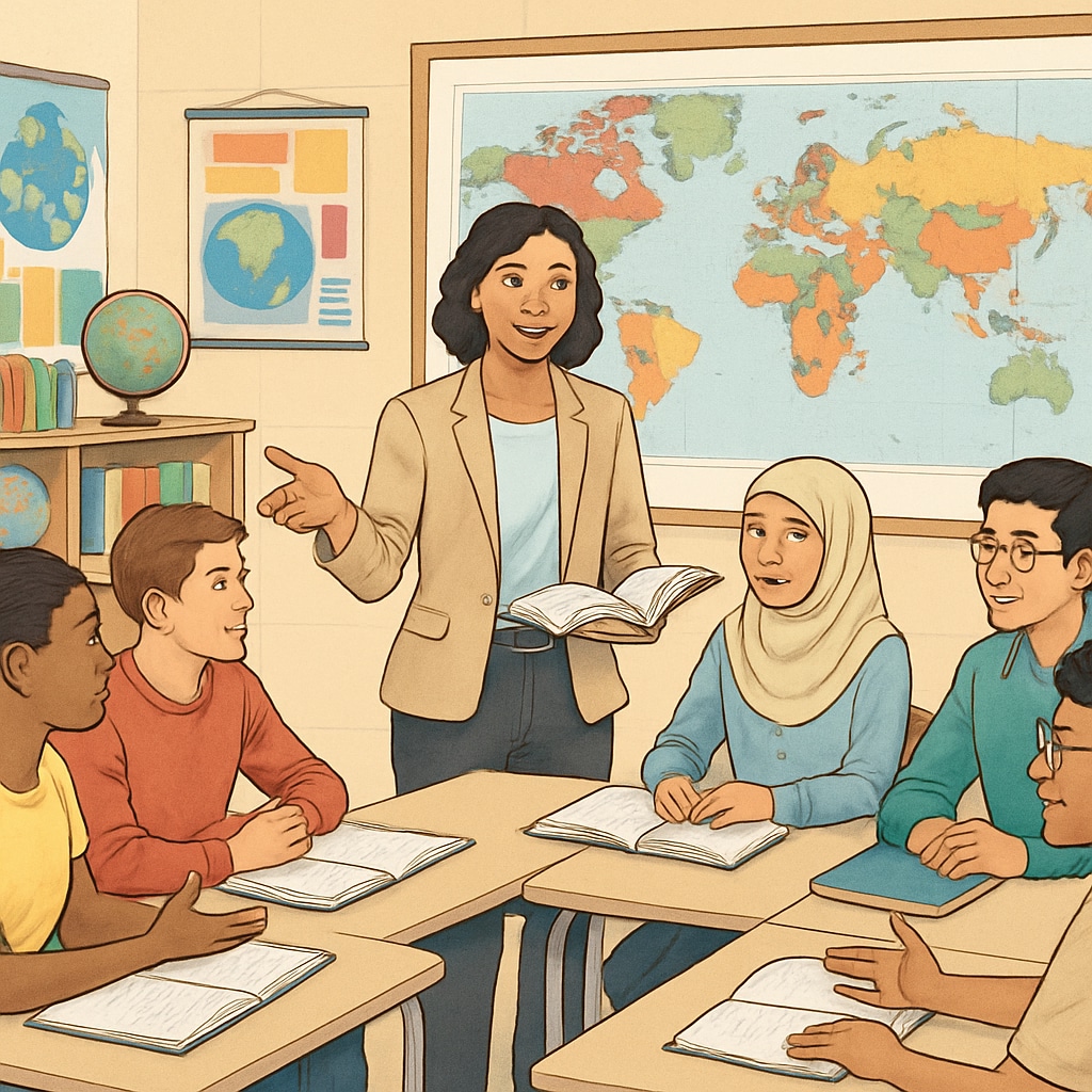 A teacher facilitating discussion with high school students from various cultural backgrounds in a classroom decorated with multicultural learning materials. Culturally responsive teaching as an institutional trait