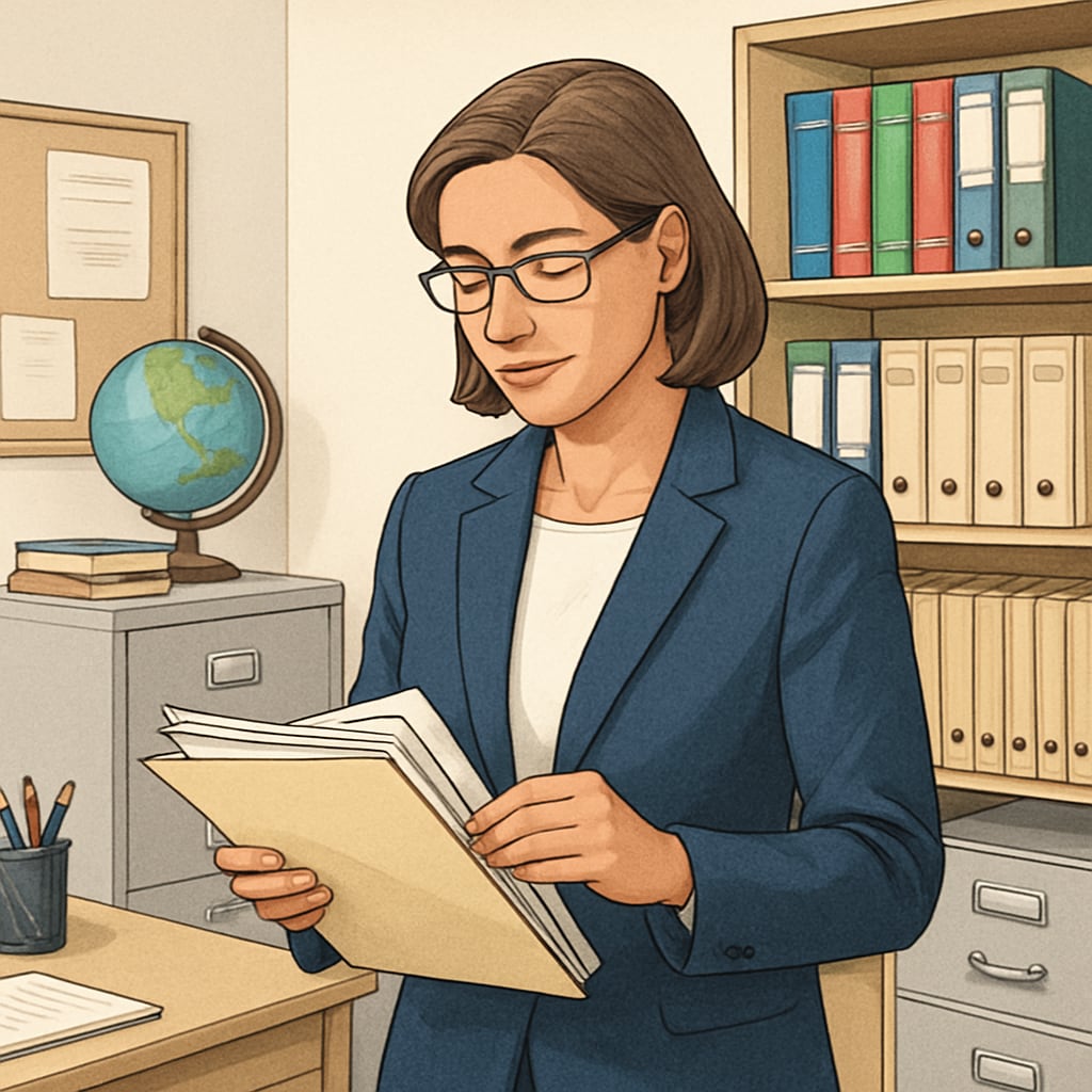 A professional school administrator organizing student files in a well-lit office environment School administrator performing non-teaching education job