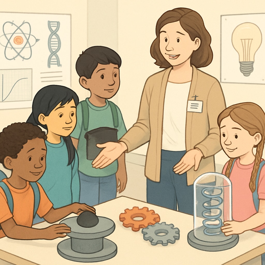 Museum educator guiding a diverse group of elementary school children through an interactive science exhibit Education professional leading student group during school field trip