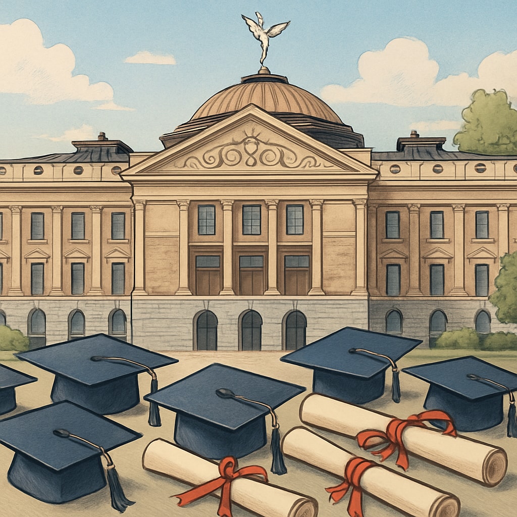 Arizona State Capitol building with graduation caps and diplomas in foreground, symbolizing education policy conflicts Arizona government building with education symbols representing college degrees vs high school diplomas debate