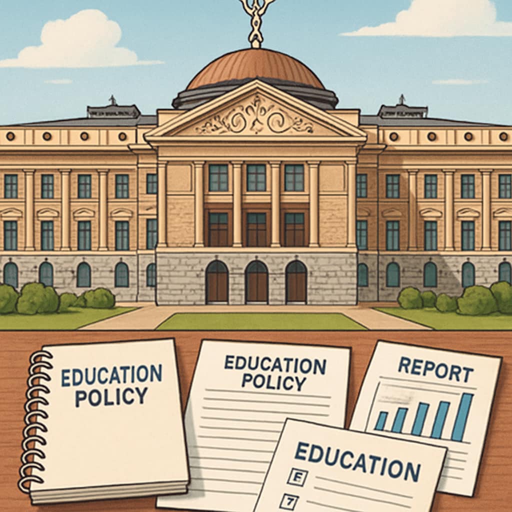 Arizona state capitol building with education policy documents on foreground, showing contrast between government and education systems Arizona government building with education policy documents about employment qualifications