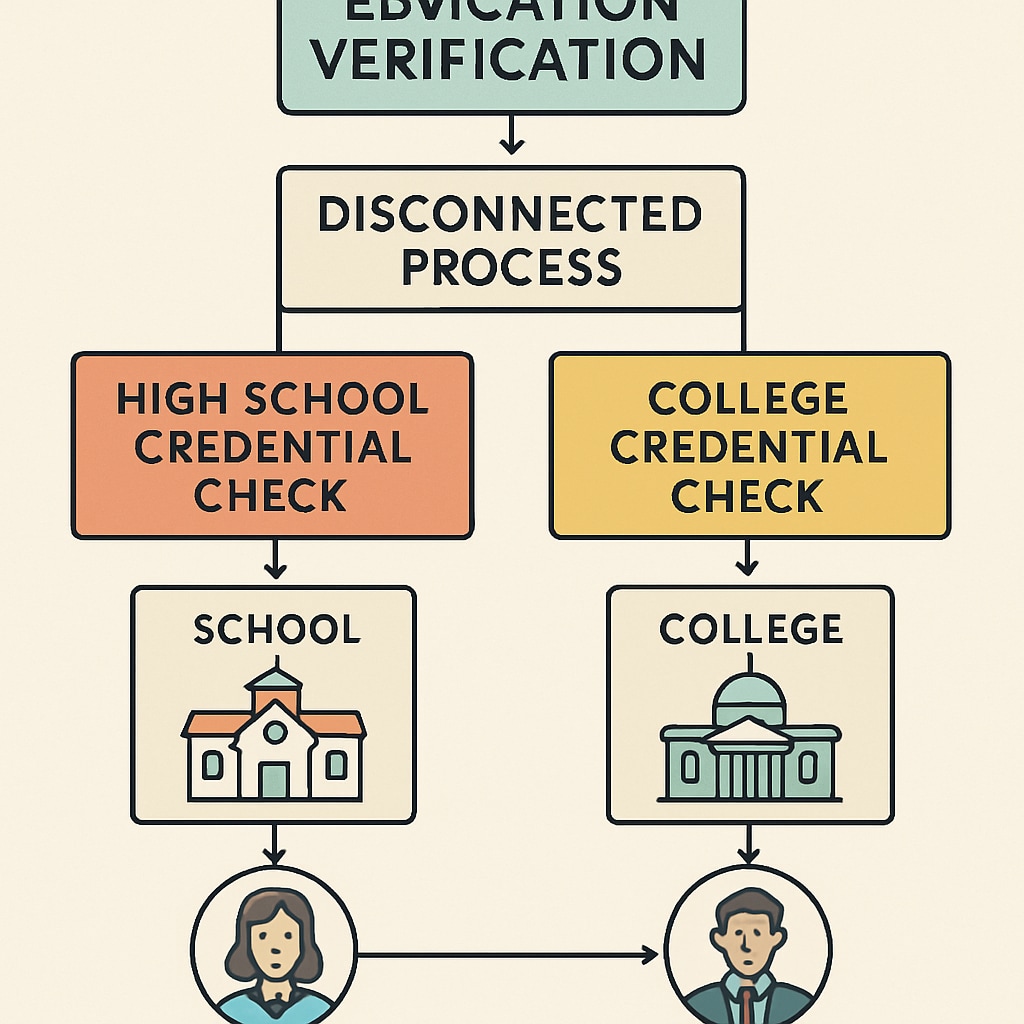 Flowchart showing disconnected education verification process with high school and college credential checks as separate paths Education credential verification flowchart highlighting Arizona's separate high school and college degree checks