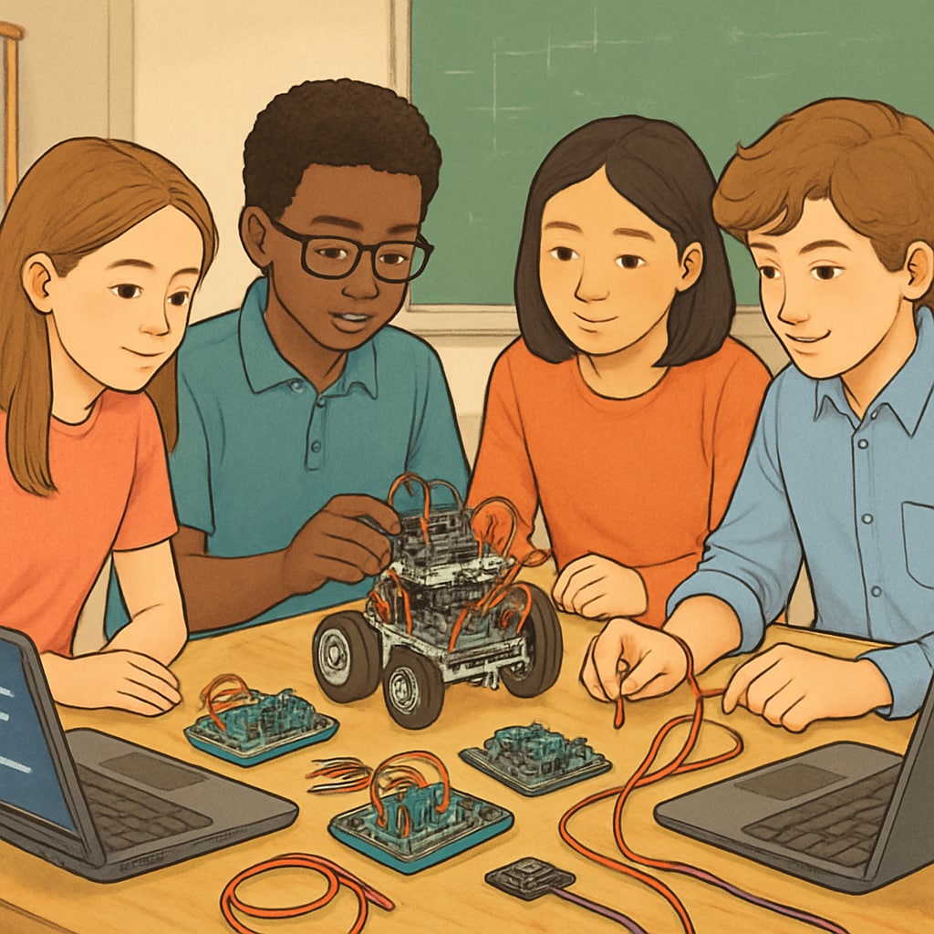 Diverse group of middle school students working together on a robotics project, with visible circuit boards and programming interface on laptop screens Students developing AI-relevant skills through hands-on robotics project
