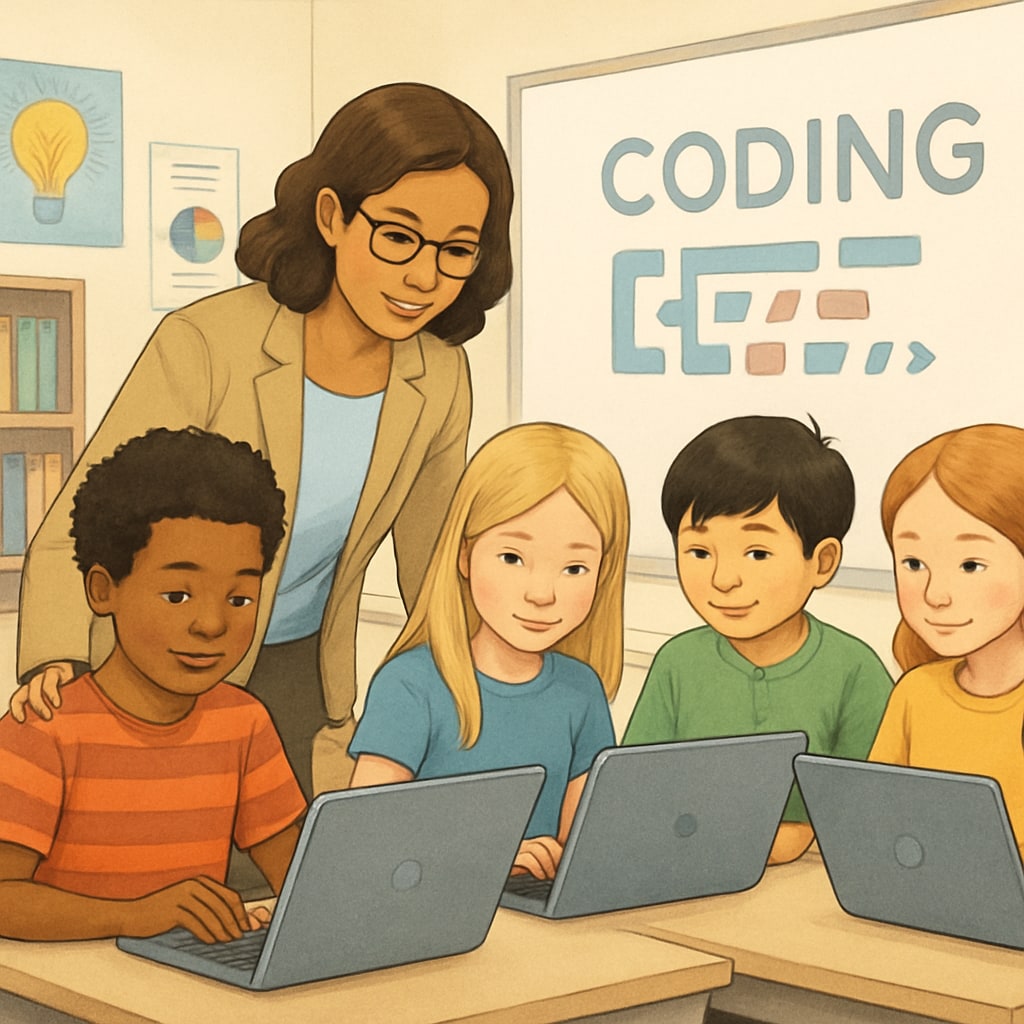 Teacher assisting diverse elementary students with coding exercise on laptops in bright classroom setting Educator guiding young learners in computational thinking activities