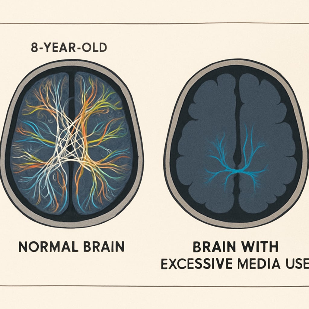 Brain scan comparison showing technology addiction impact on children's neural development