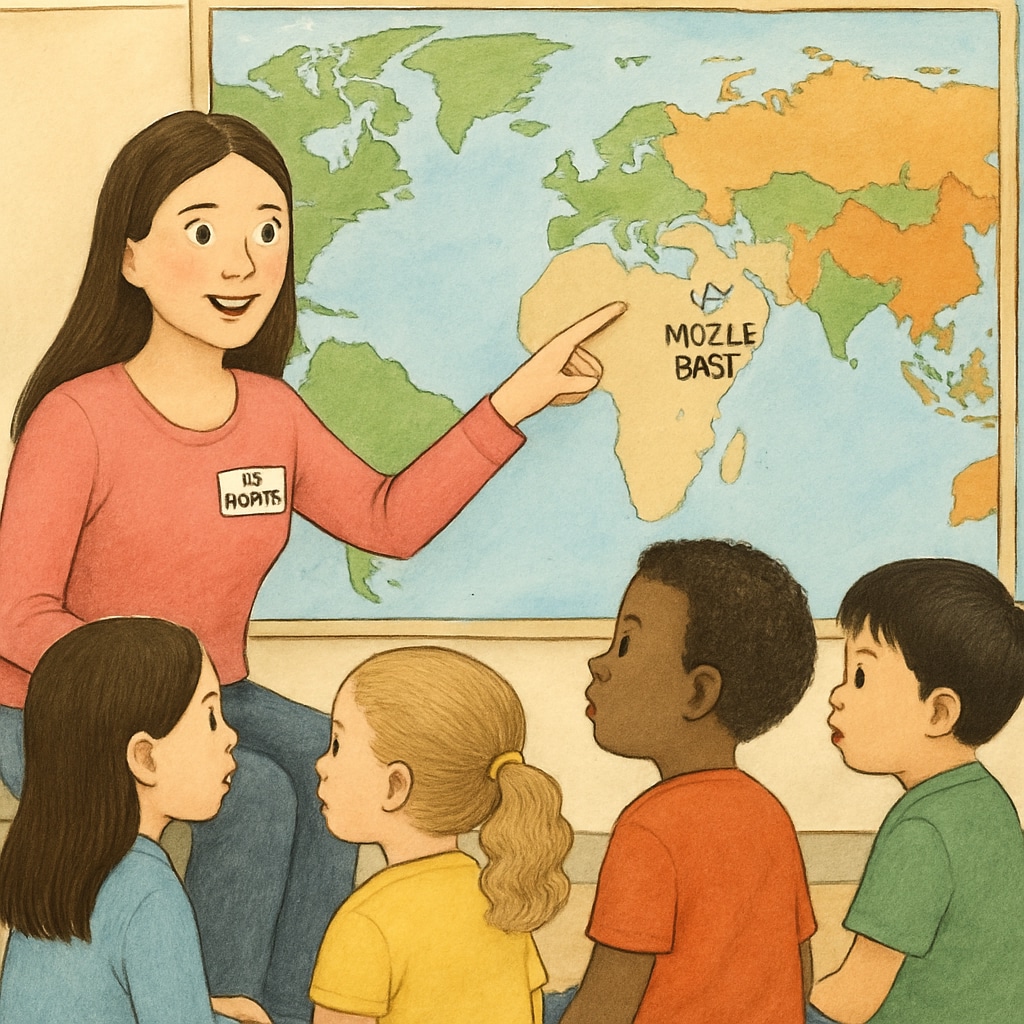 Ms Rachel teaching a group of children, with a world map in the background highlighting the Middle East Ms Rachel promoting child education and humanitarianism in the Middle East