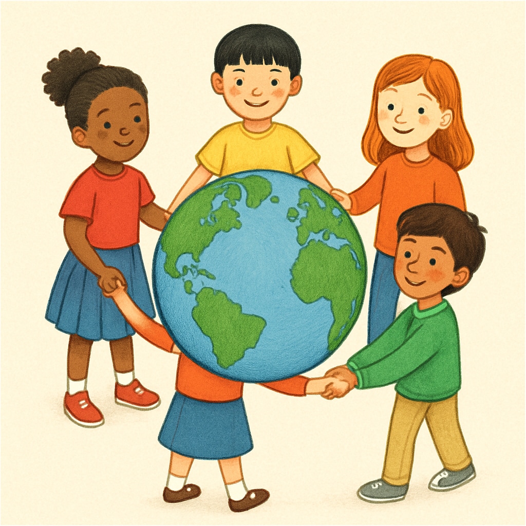 Diverse children holding hands around a globe, representing global unity in education Child education and humanitarian values across cultures, including the Middle East