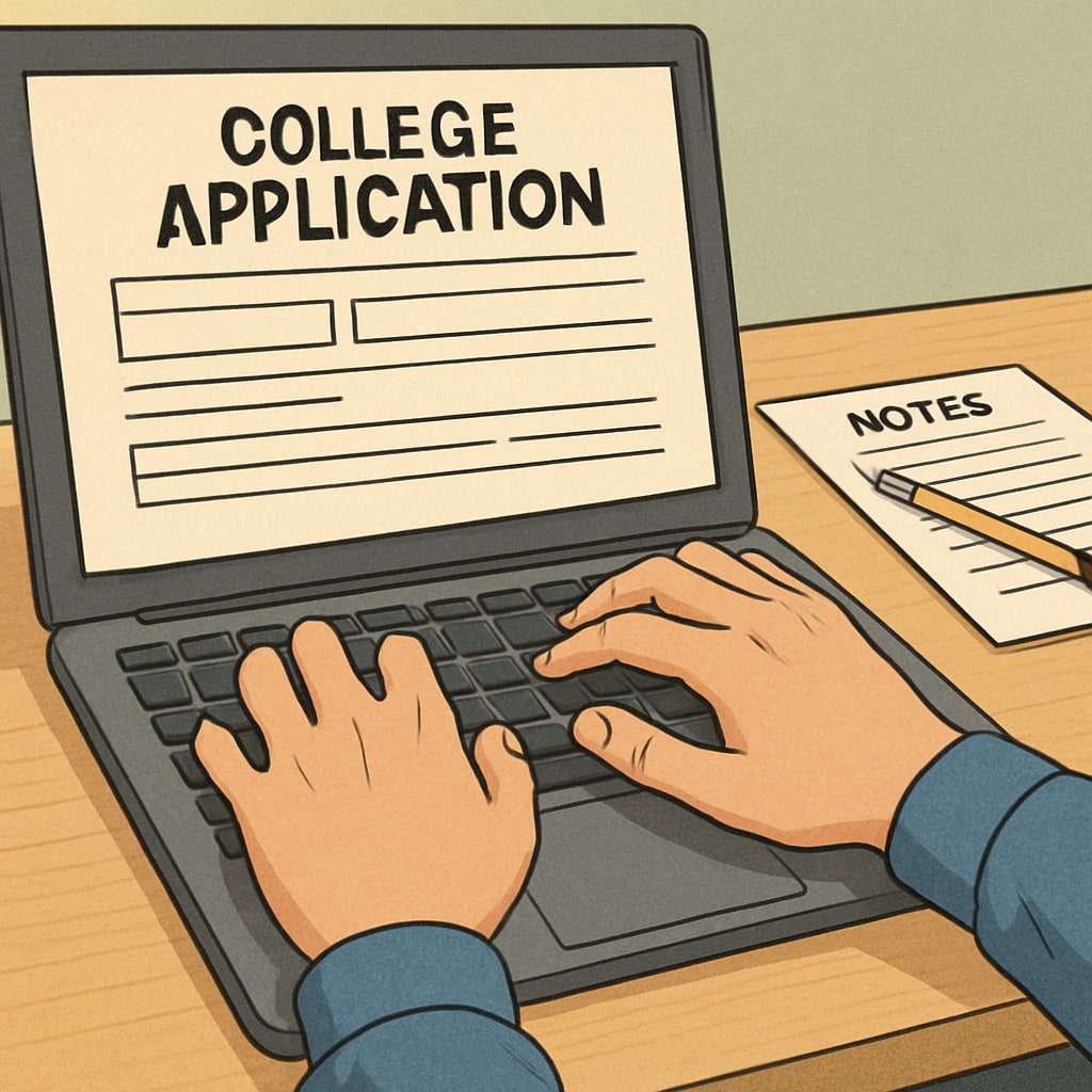 A close-up of a student's hands typing on a laptop while filling out a college application, showing stress and uncertainty. Student struggling with college application honesty