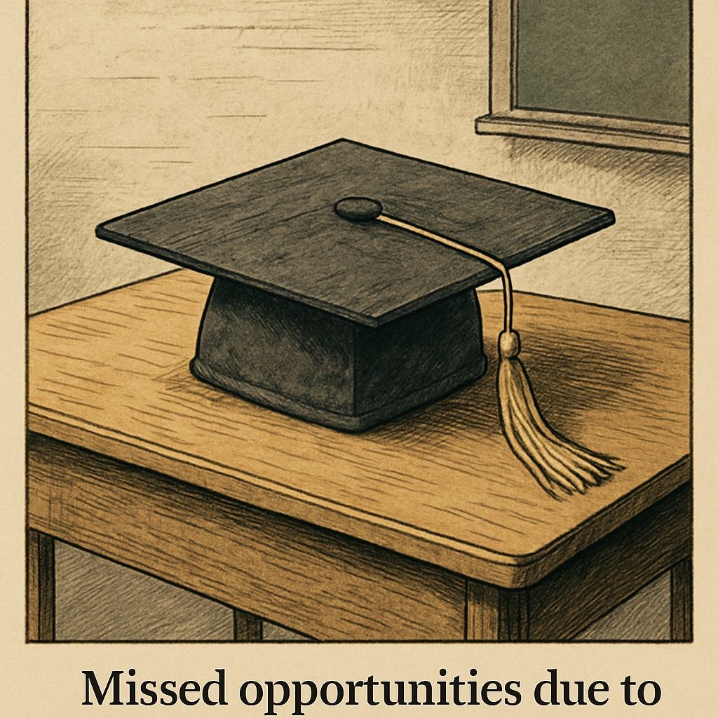 An abandoned graduation cap on a wooden desk, symbolizing missed opportunities due to academic dishonesty. Consequences of false college applications