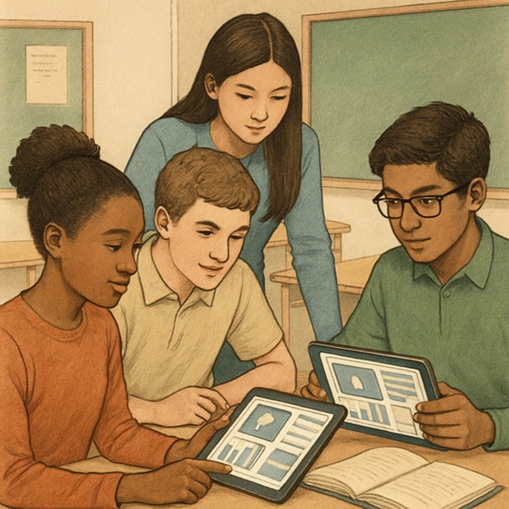 Diverse student group collaboratively analyzing digital media content on tablets during class K12 media literacy survey participants evaluating online content