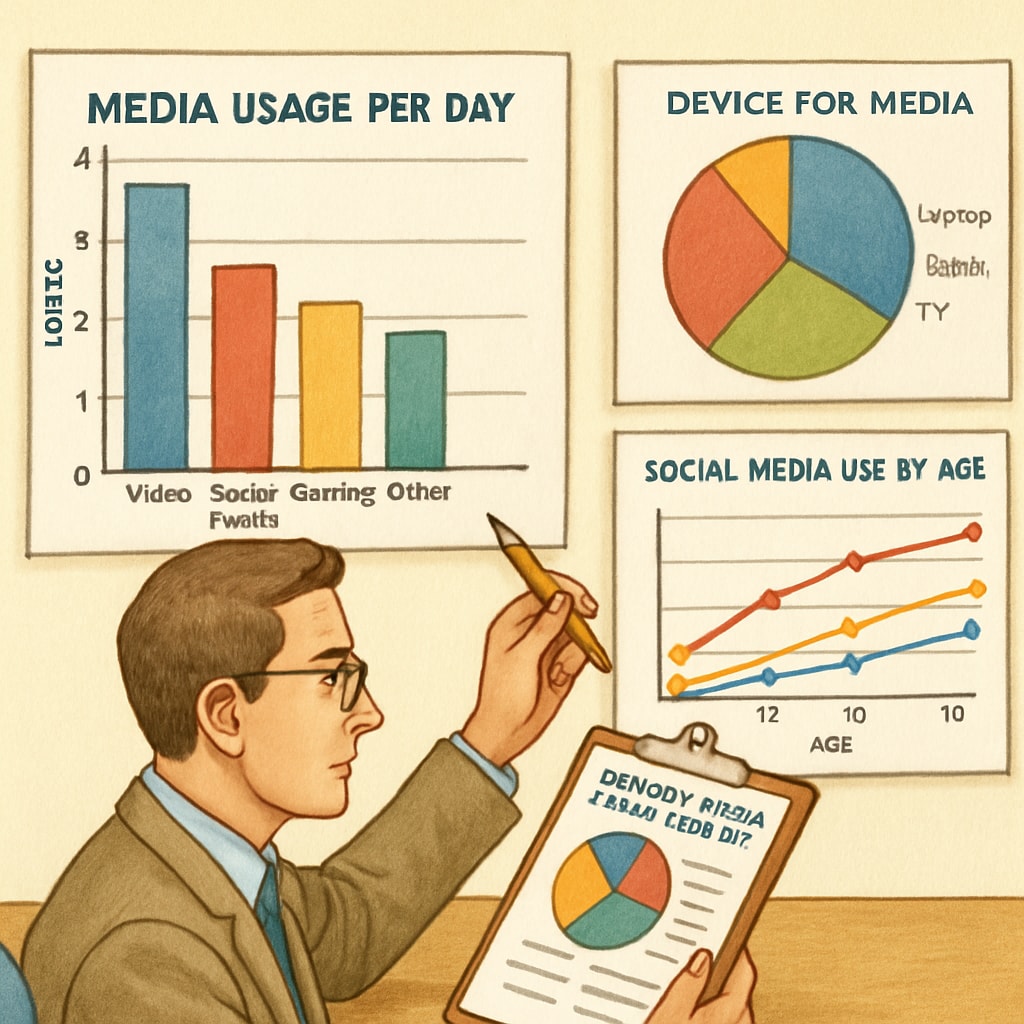Educator reviewing colorful data visualization charts from student media usage surveys Teacher analyzing academic research survey results for media literacy education