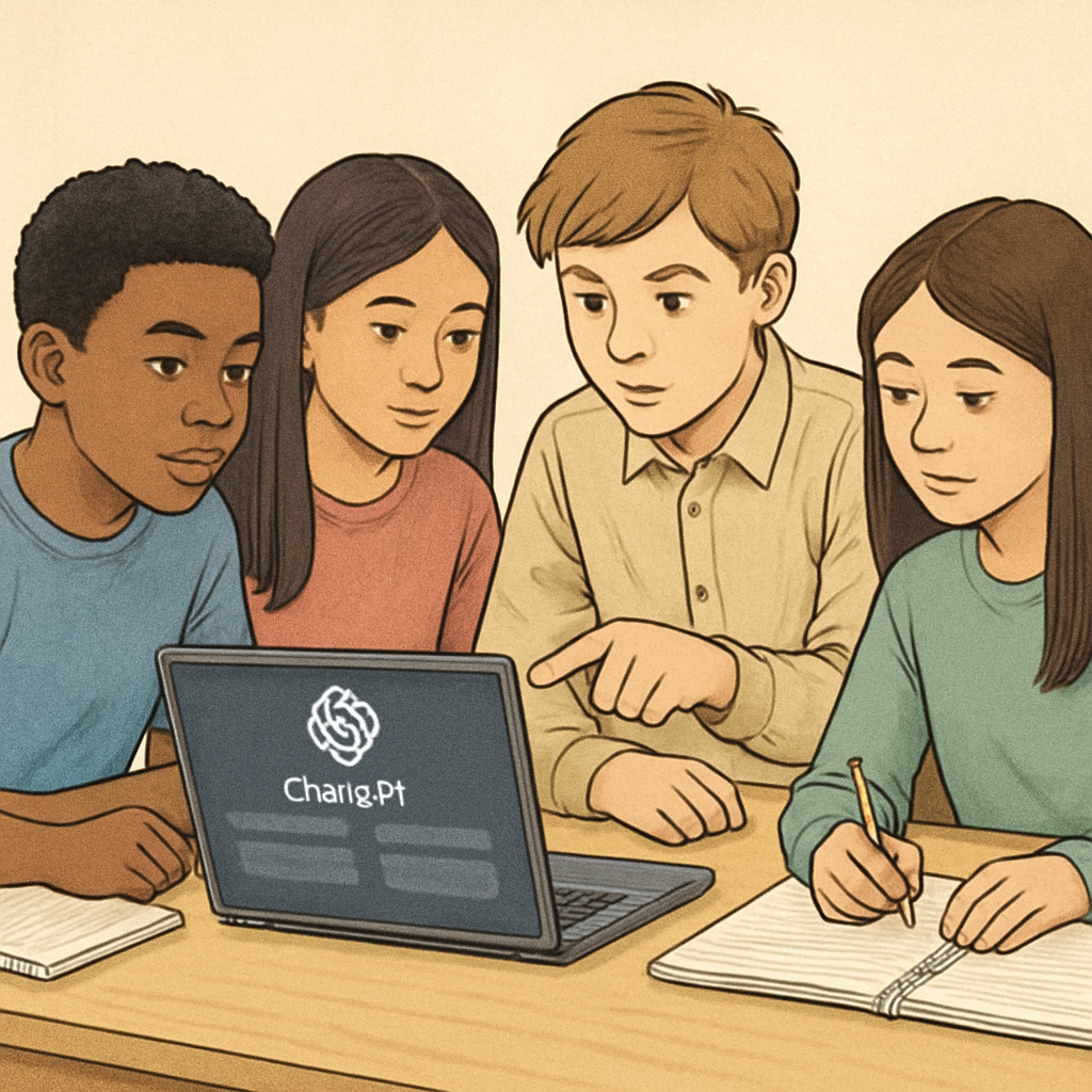 Students critically evaluating large language model outputs in classroom setting