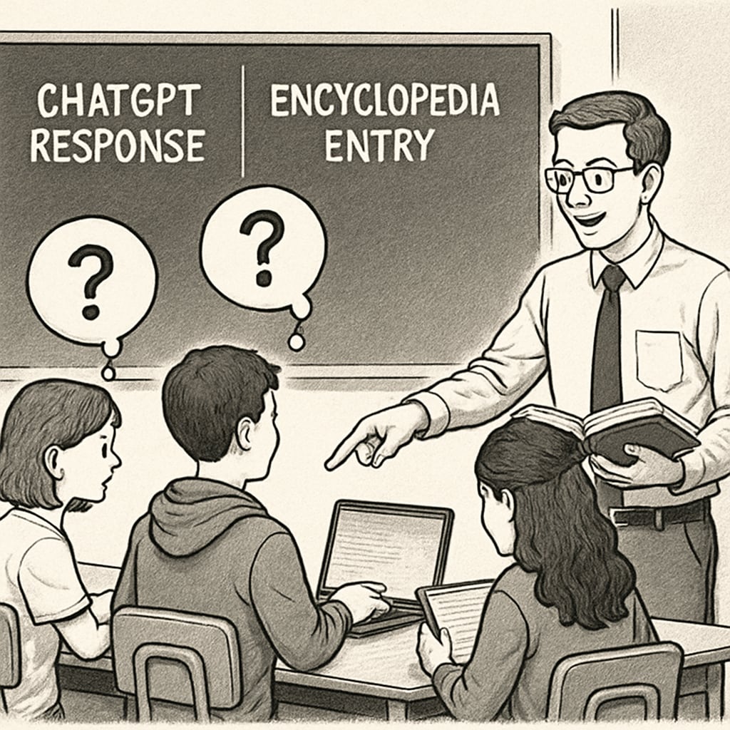 Educator facilitating critical thinking exercise with AI tools