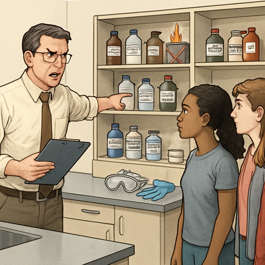 A frustrated high school science teacher points out unsafe chemical storage areas to three attentive students during a laboratory inspection Academic dean failures create unsafe science laboratory conditions