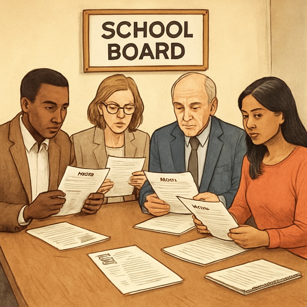 Diverse school board members evaluating candidate resumes during an academic dean selection committee meeting School board vetting academic dean candidates for professional competence