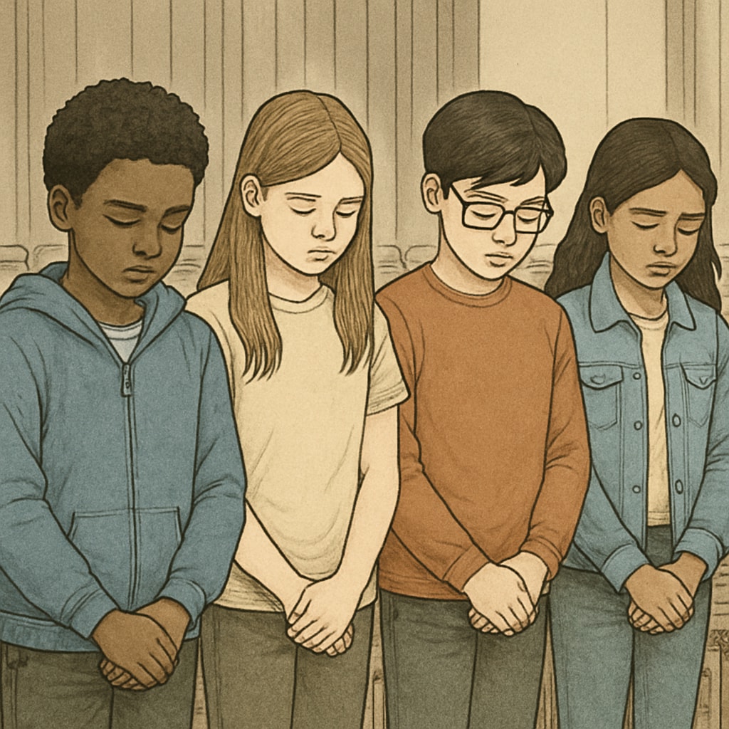 Students observing a moment of silence ceremony in school