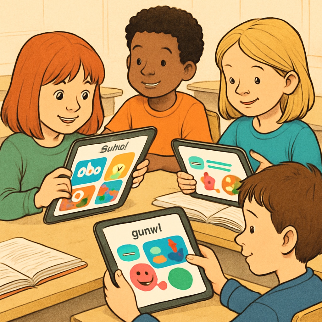 Students engaged with multilingual learning app