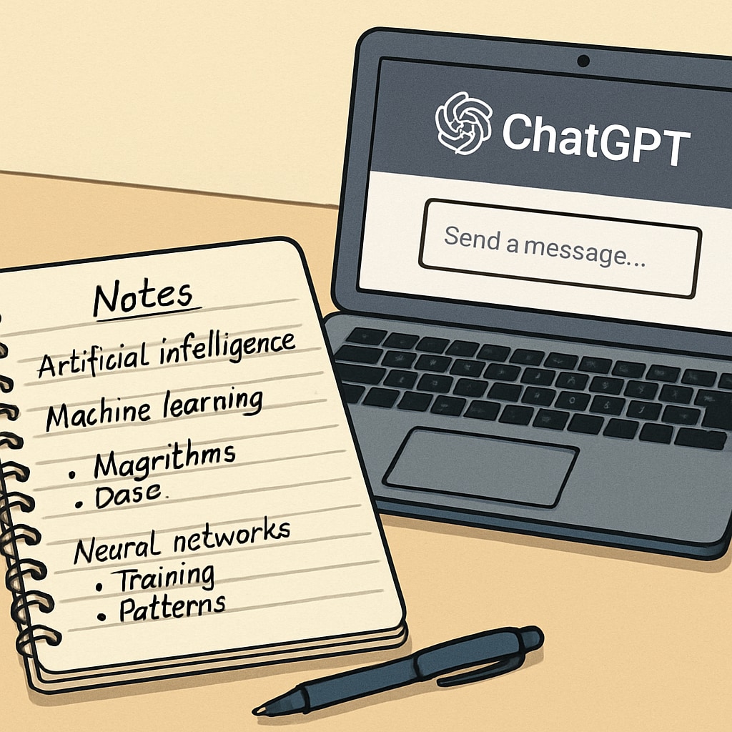Close-up of a notebook showing handwritten notes next to a laptop displaying ChatGPT interface, demonstrating the combination of traditional and digital learning methods Balancing traditional note-taking with AI tools in education