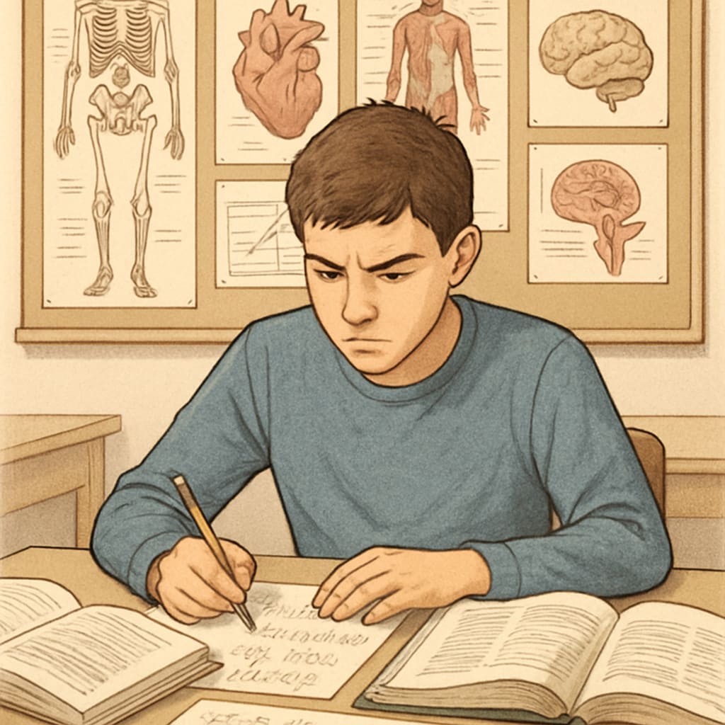 A high school student working on advanced calculus problems, with medical charts and anatomical diagrams visible in the background. Advanced math skills development for academic testing and medical preparation