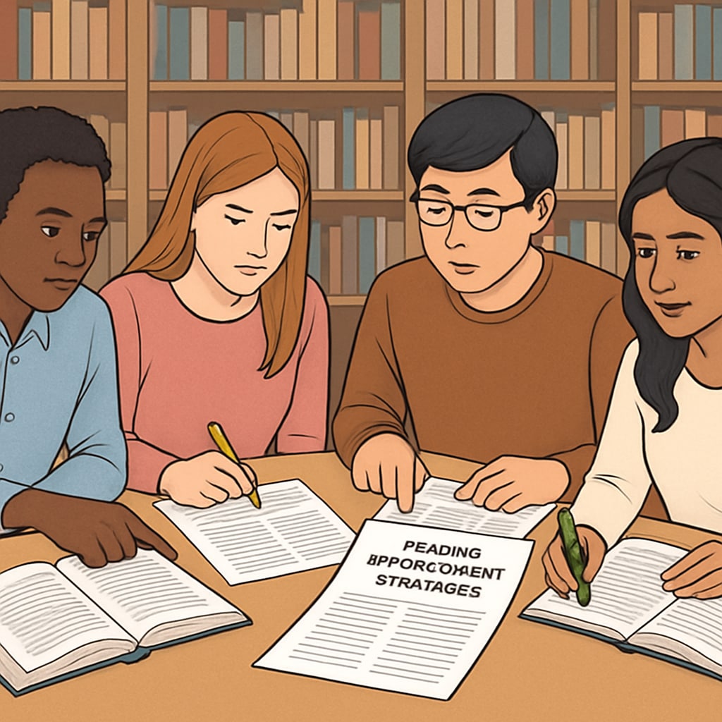 Diverse students analyzing scientific papers together at a library table, highlighting reading improvement strategies. Medical students practicing advanced reading comprehension techniques