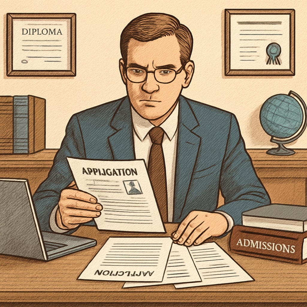 A college admissions officer in a formal setting carefully reviewing student applications with a serious expression College application review process showing consequences of dishonesty