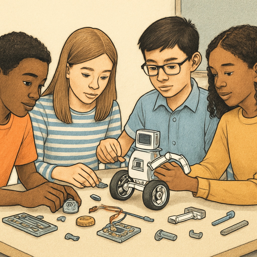 A group of diverse middle school students collaboratively building a simple robot using plastic components and electronic parts Beginner robotics course students working on project