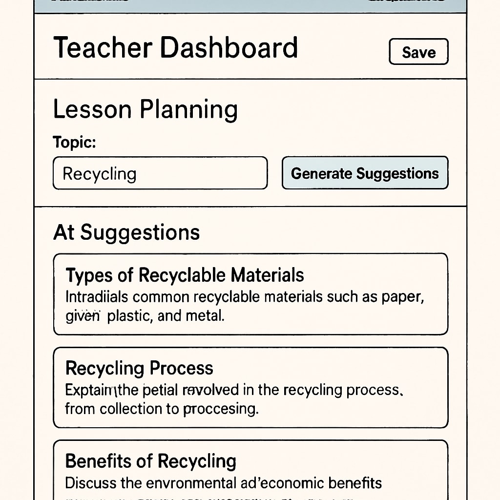 Screenshot of ELIBRAIN's teacher dashboard showing lesson planning interface with AI suggestions ELIBRAIN teaching tool interface with AI features