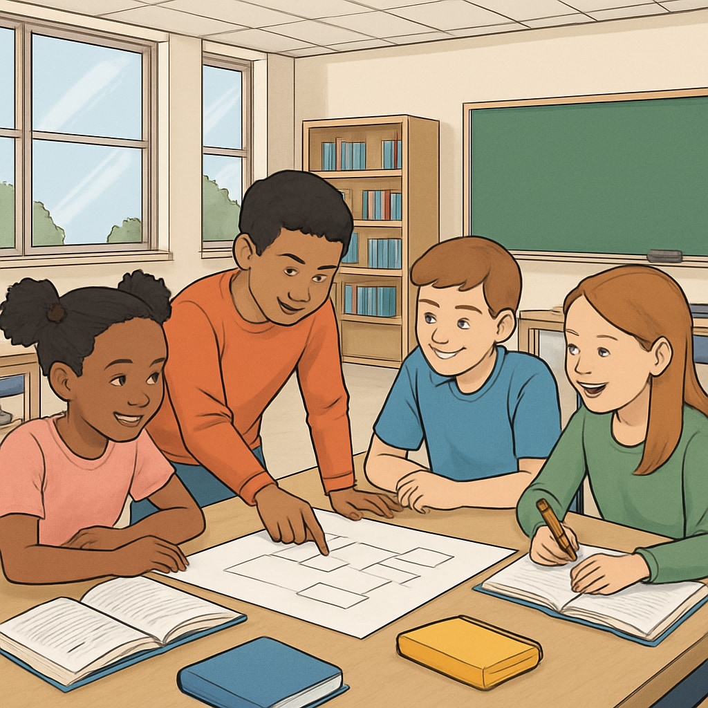 Spacious public school classroom with students of different ethnicities collaborating on project Public school students working in diverse classroom