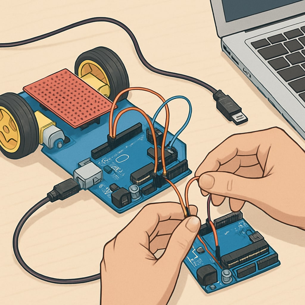 Close-up view of a student's hands connecting wires to a microcontroller while programming a basic robotic car Student programming in beginner robotics course