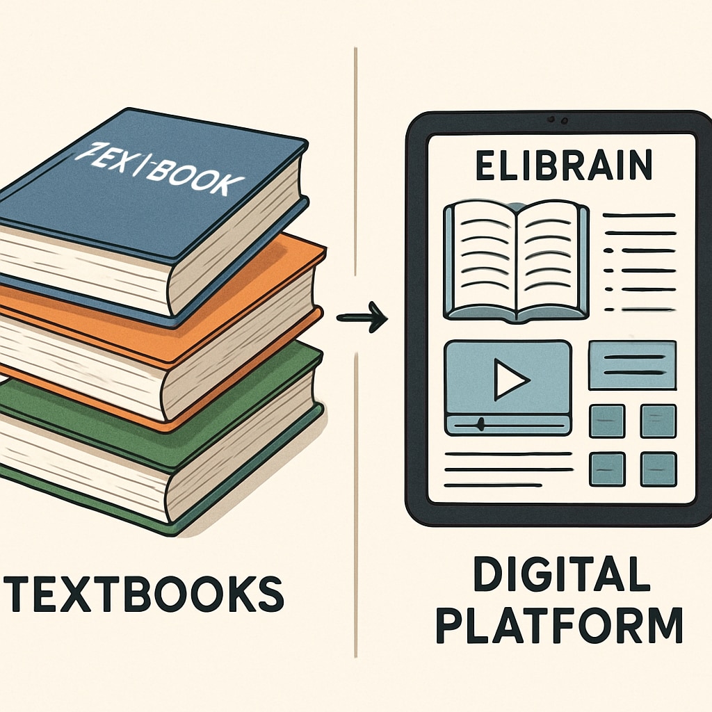 Comparison image showing traditional textbooks on one side and ELIBRAIN's digital platform on the other ELIBRAIN vs traditional teaching methods visual comparison
