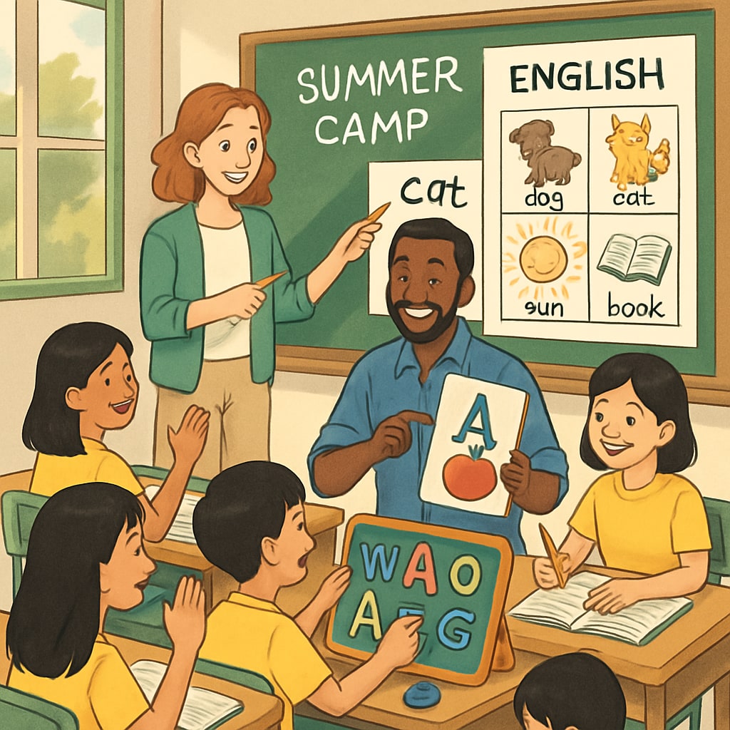 International teachers conducting an English lesson with Thai students at a summer camp, showing interactive teaching methods English teaching at Thailand summer camp