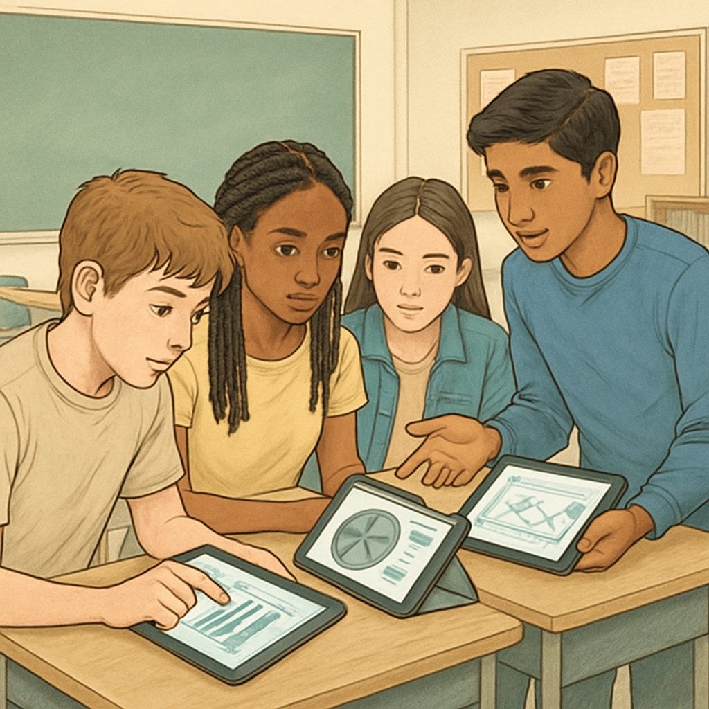 Diverse group of high school students analyzing survey results on digital tablets in classroom setting K12 students conducting media research through academic surveys