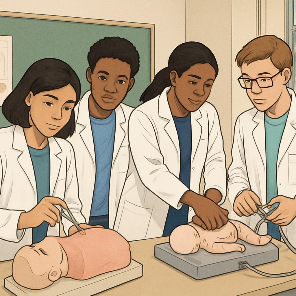 Diverse group of high school students wearing lab coats practicing medical procedures with simulation equipment Young aspiring doctors developing skills through hands-on medical training