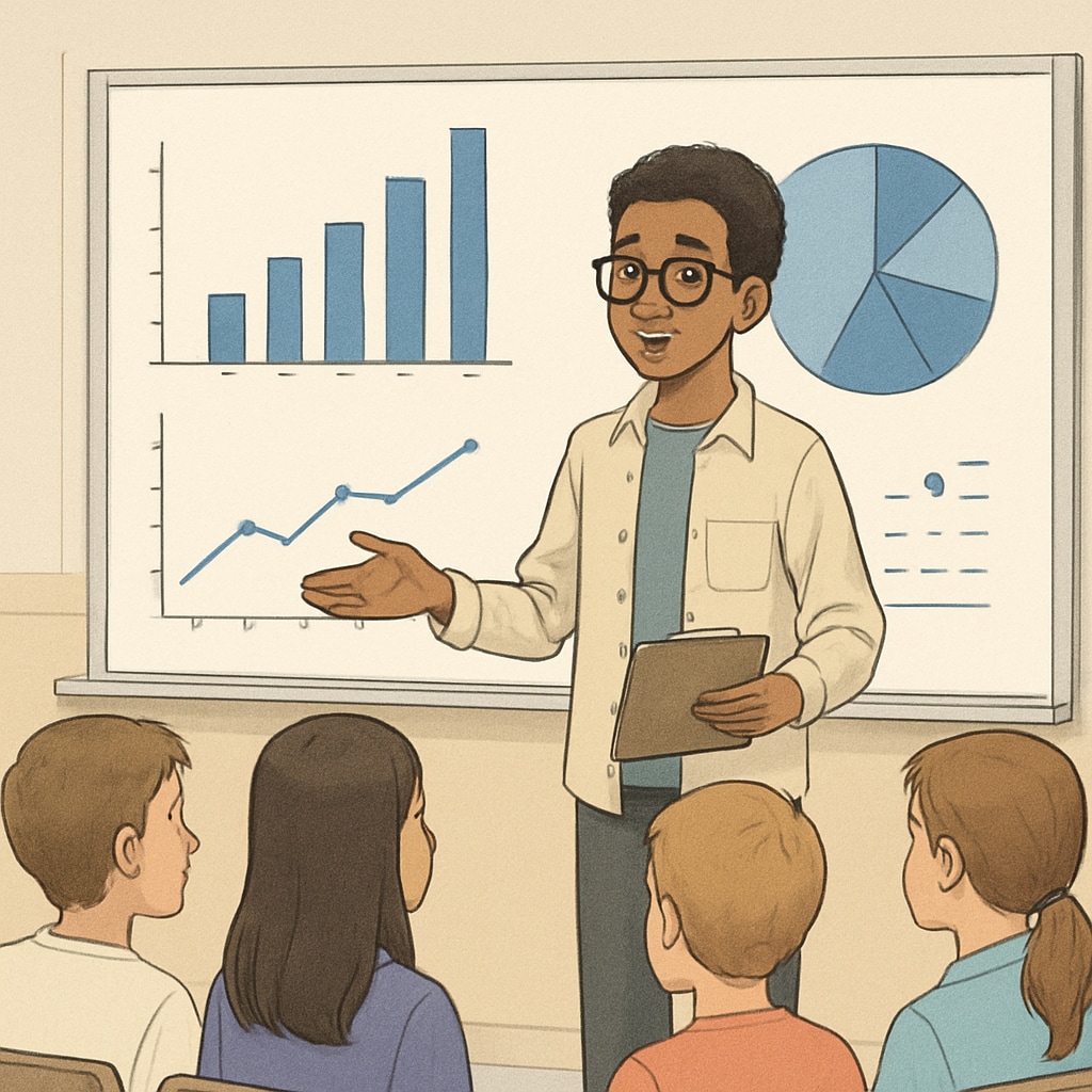 Adolescent researcher presenting data visualization charts to peers during class presentation Student sharing media research survey findings with classmates