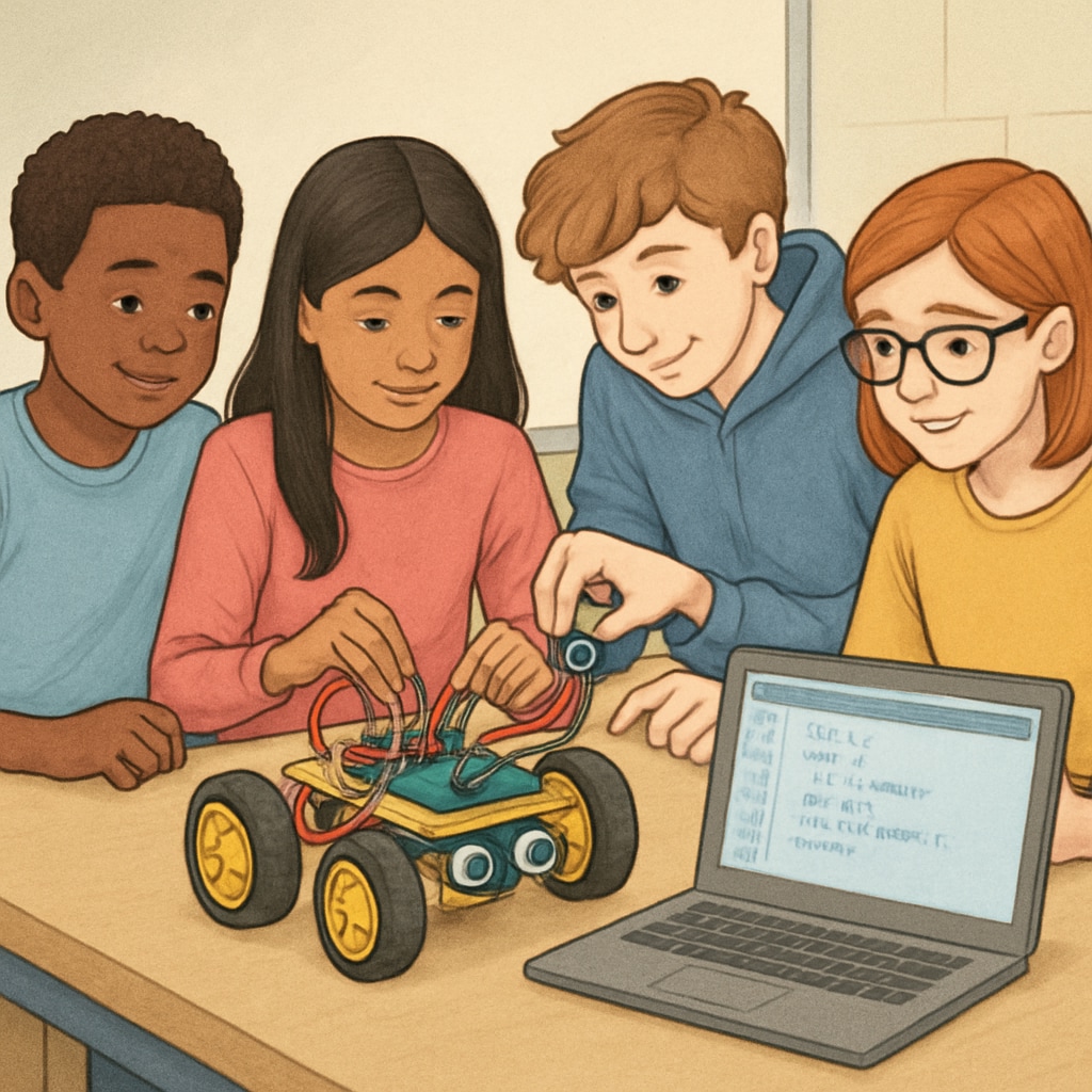 Beginner robotics course students engaged in project-based learning