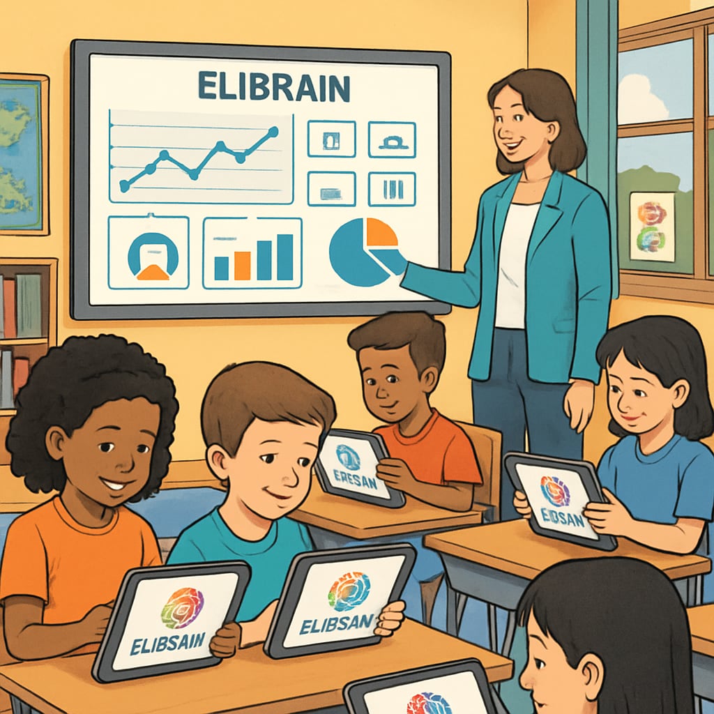 Colorful classroom setting with diverse students using ELIBRAIN on tablets while teacher monitors progress on dashboard ELIBRAIN teaching tool in K12 classroom environment
