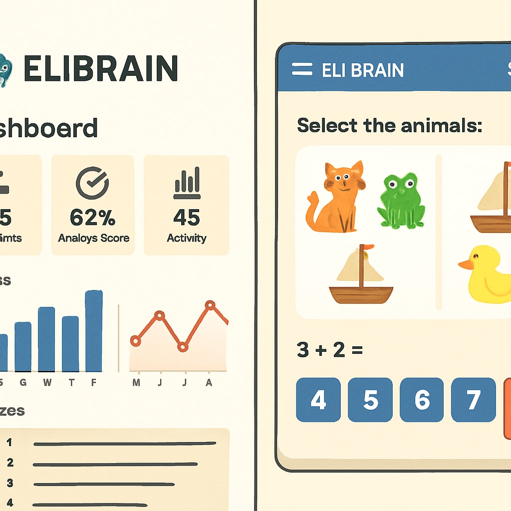 Split-screen image comparing ELIBRAIN's teacher interface (analytics dashboard) and student view (interactive exercises) ELIBRAIN teaching tool interface comparison