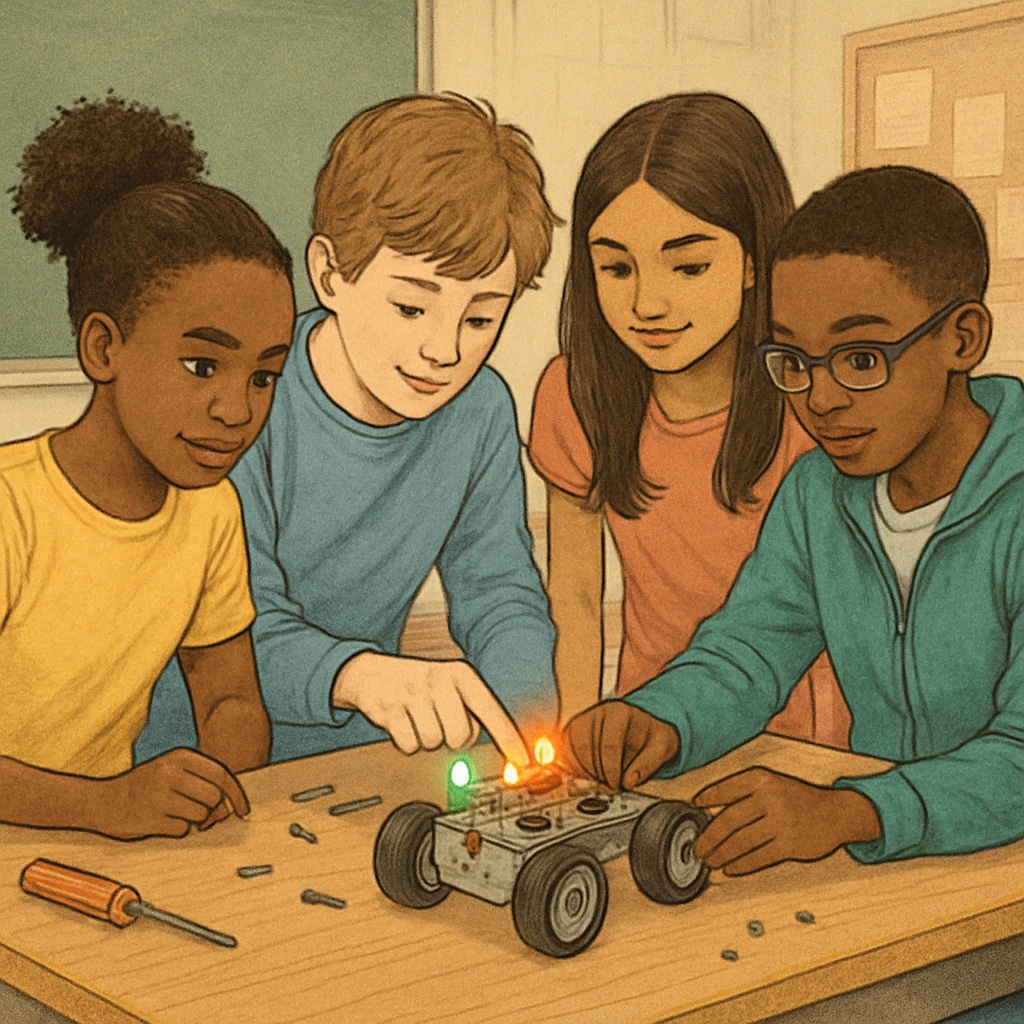 Diverse group of middle school students assembling a basic wheeled robot with LED attachments on a classroom table K12 students collaborating on entry-level robotics project