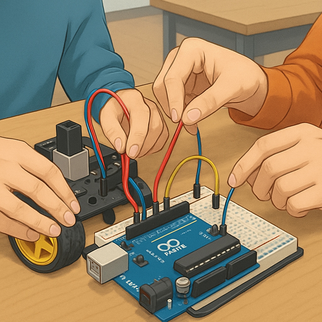 Close-up shot of students' hands connecting colored wires to an Arduino microcontroller on a beginner robotics kit Hands-on wiring in project-based robotics course