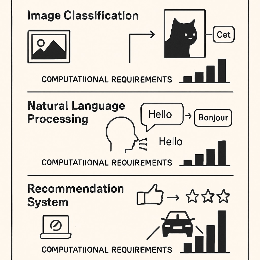 Infographic comparing different AI project types with their computational requirements Computational resource constraints in AI student projects