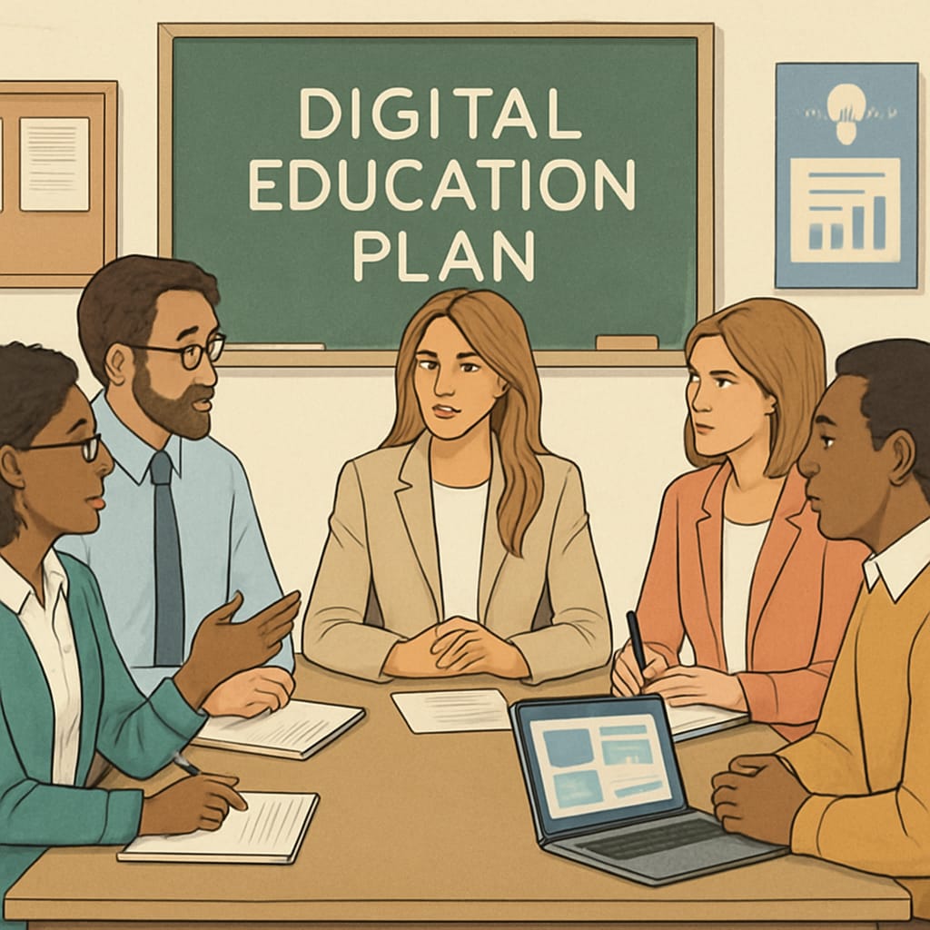 Melania Trump in a school setting, discussing digital education plans with teachers and administrators First Lady Melania Trump launching the White House AI Task Force for education