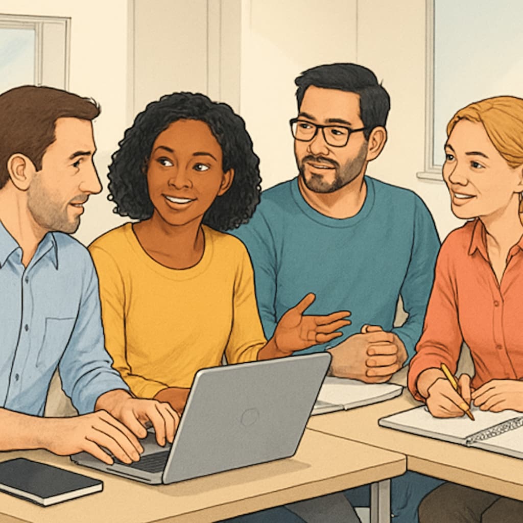 Diverse group of adult students (ages 30-50) collaborating in a bright classroom with laptops and notebooks, showing engagement in discussion Adult learners overcoming formal schooling and age concerns through collaborative education