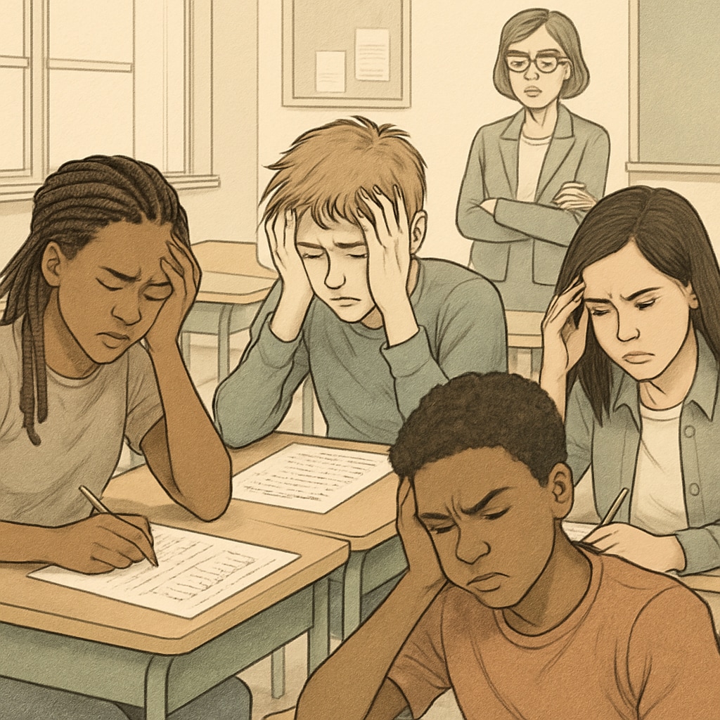 Diverse group of stressed teenagers taking a maths exam, with visible frustration GCSE Maths retake students experiencing exam stress due to inadequate educational support
