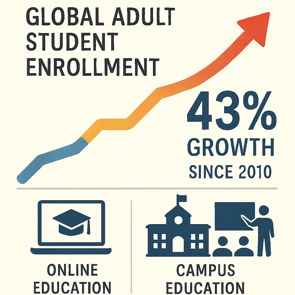 Colorful infographic with upward trend line showing 43% growth in adult student enrollment globally since 2010, with icons representing online and campus education Statistical proof that self-learning abilities enable adult education success