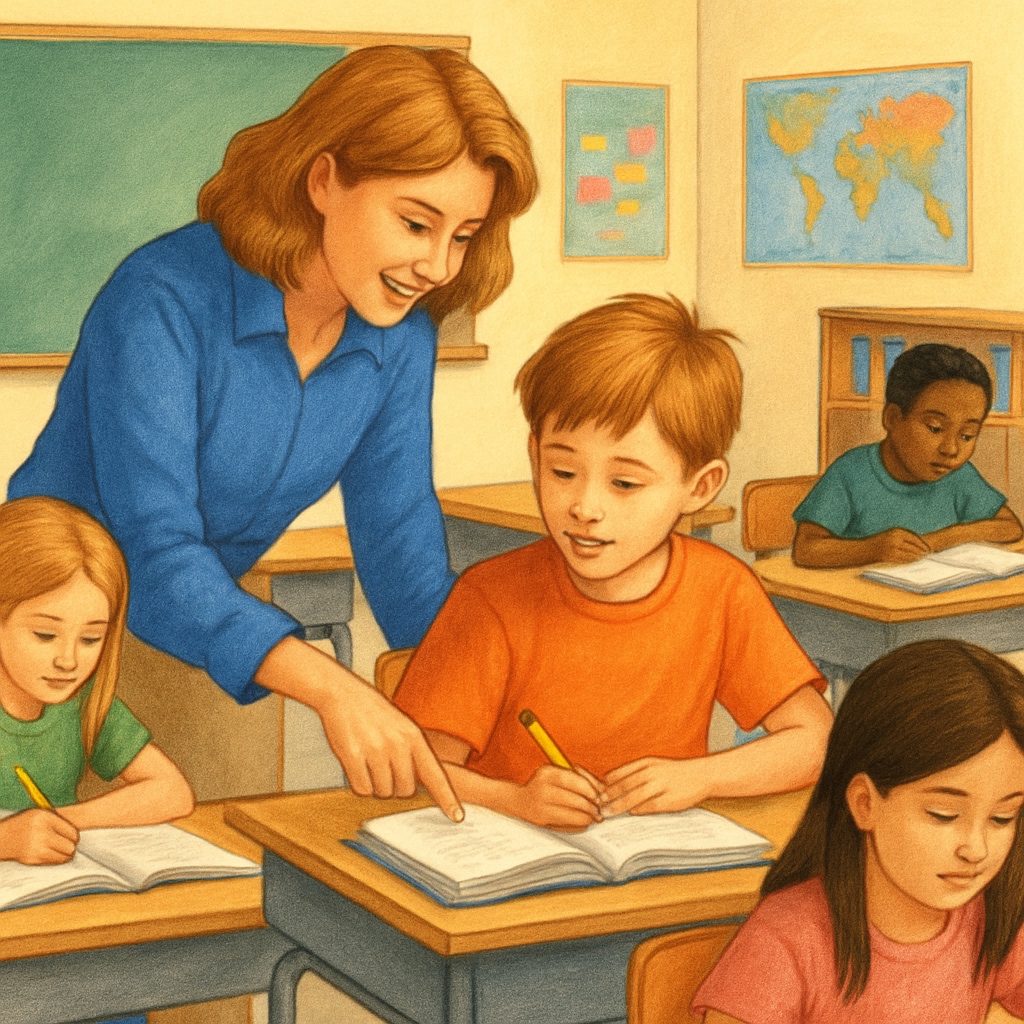Teacher assisting one student while others work independently Unequal GCSE Maths retake support in classroom setting