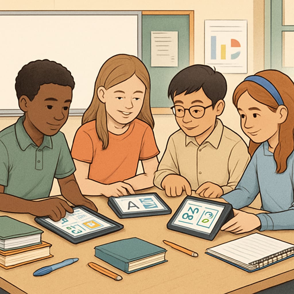 Students engaging with AI feedback in classroom setting