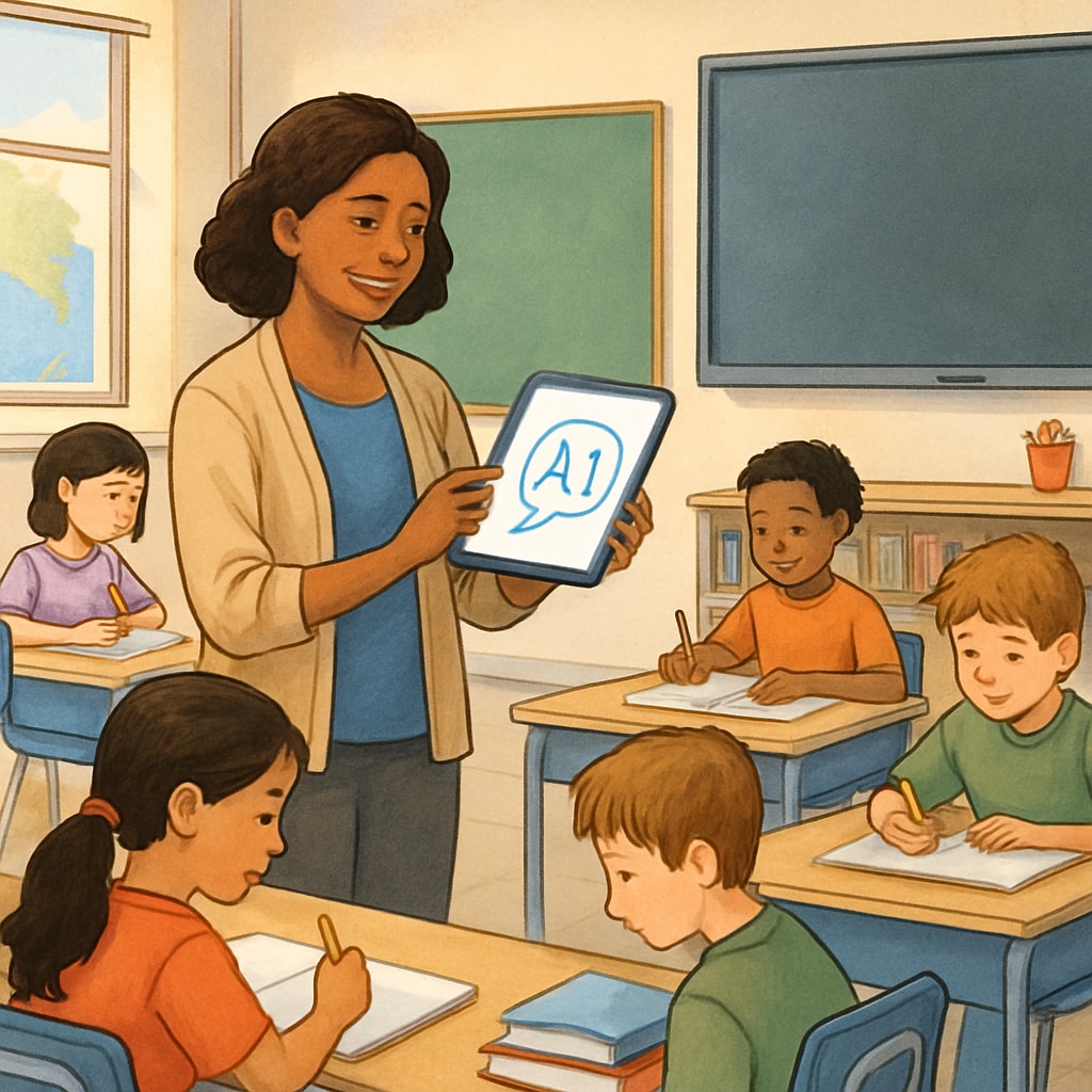 A diverse classroom where a teacher uses an AI-powered tablet application while students work individually at their desks. AI education tools in classroom setting for teacher time management